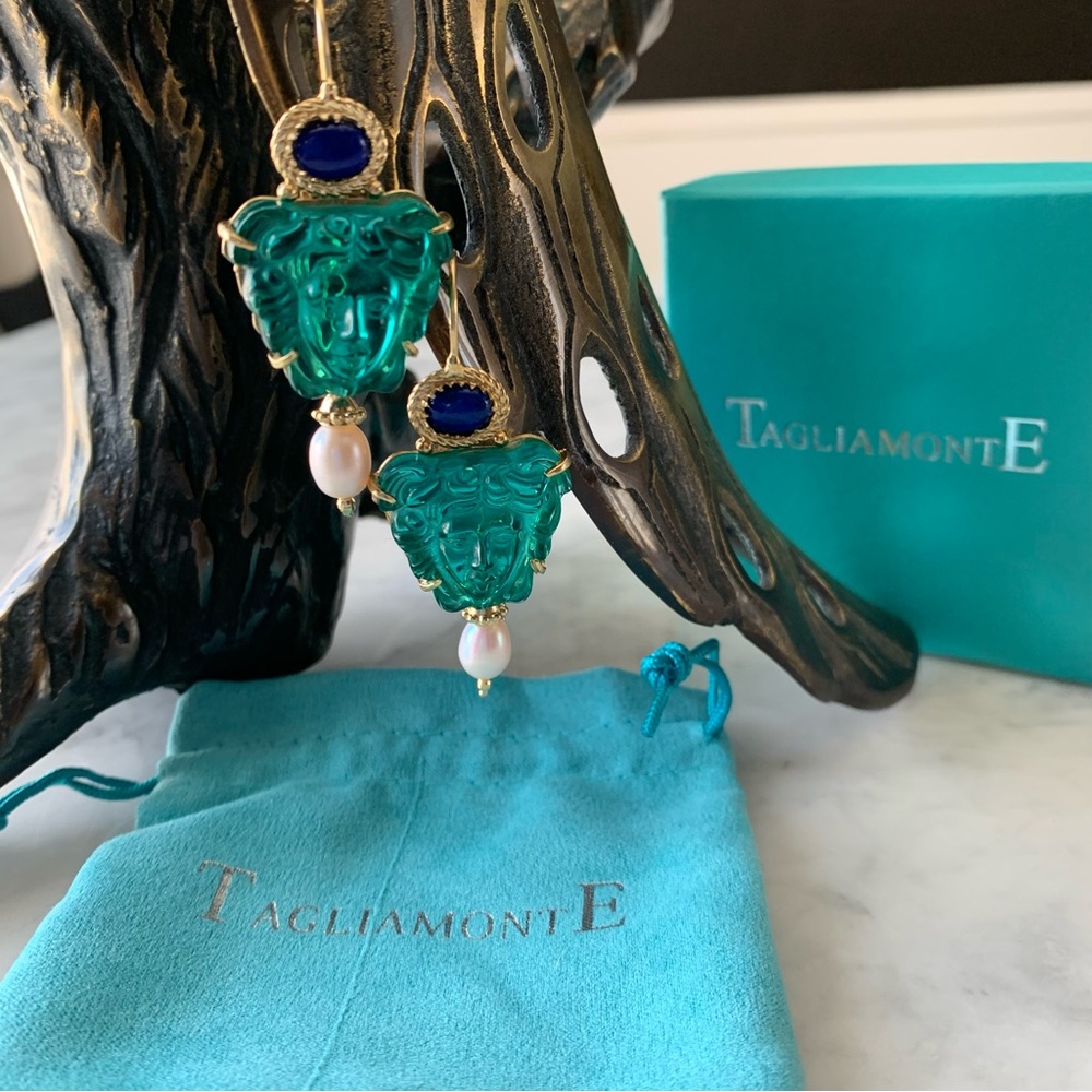 TAGLIAMONTE Venetian Glass Cameo Earrings Medusa 18kt Gold Over Sterling Teal